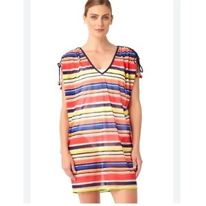 Anne Cole Women's Striped Mesh Swim Top Cover-Up Pink Multi size XS